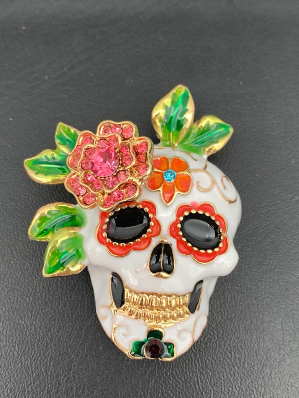 Gold-Tone day of the dead Floral Sugar Skull Brooch in White, Pink, Green